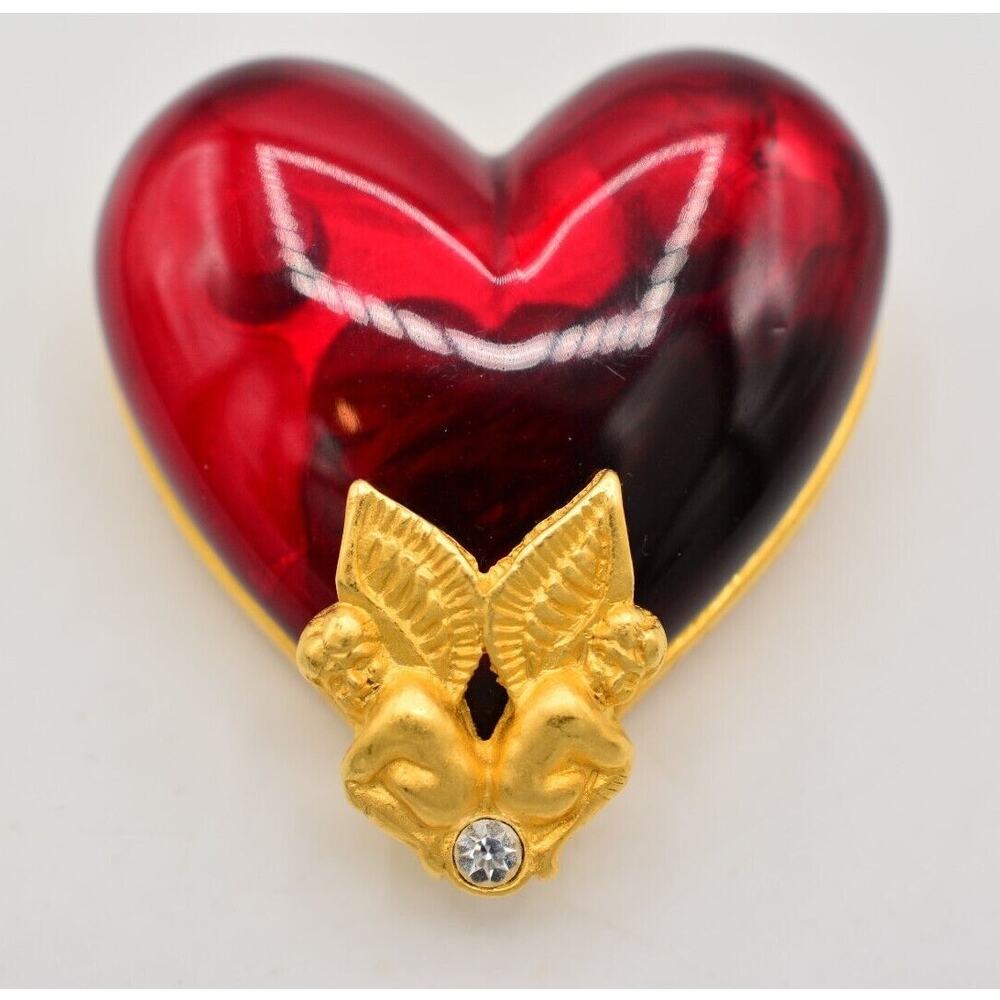 Givenchy Vintage Red Gripoix Heart Angel Pin Brooch Brushed Cherub Signed Bin5A